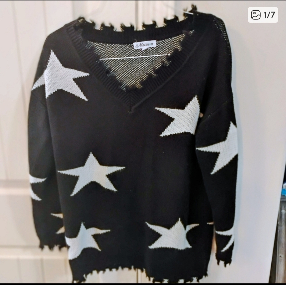 Black and White Star V-Neck Sweater Tunic Dress Size M L